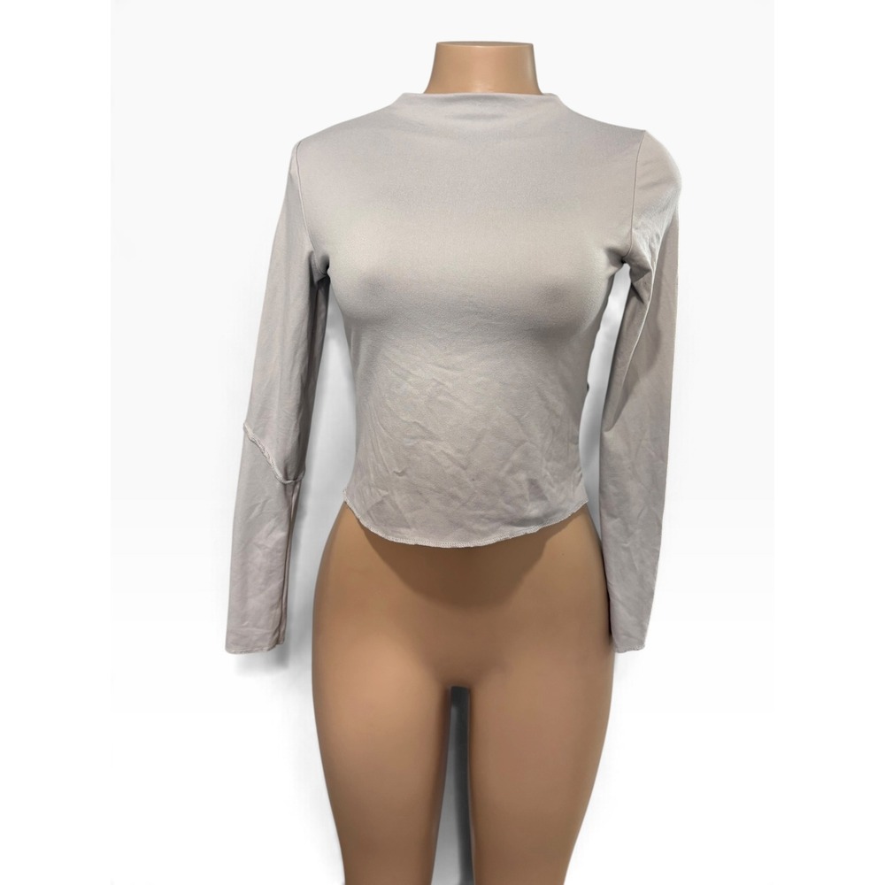SHEIN Grey Mock Neck Long Sleeve Crop Top Exposed Seam Lettuce Trim M